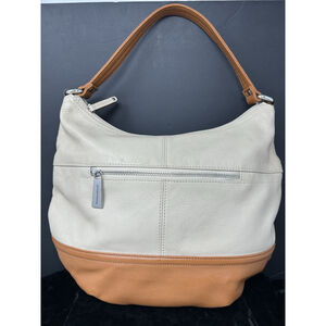 Tignanello Cream & Brown Pebbled Leather Hobo Bag Purse Soft Very Clean Lined